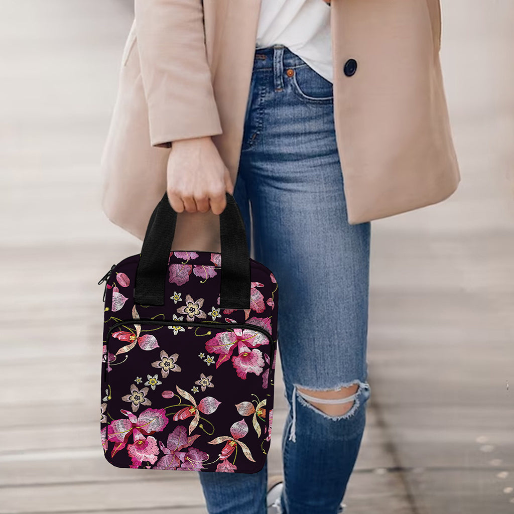 Embroidery Orchid Flower Pattern Print Bible Tote Bag