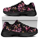 Embroidery Orchid Flower Pattern Print Black Chunky Shoes