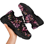 Embroidery Orchid Flower Pattern Print Black Chunky Shoes