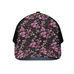 Embroidery Orchid Flower Pattern Print Black Mesh Trucker Cap