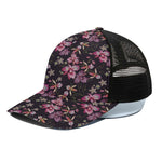Embroidery Orchid Flower Pattern Print Black Mesh Trucker Cap