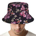 Embroidery Orchid Flower Pattern Print Bucket Hat