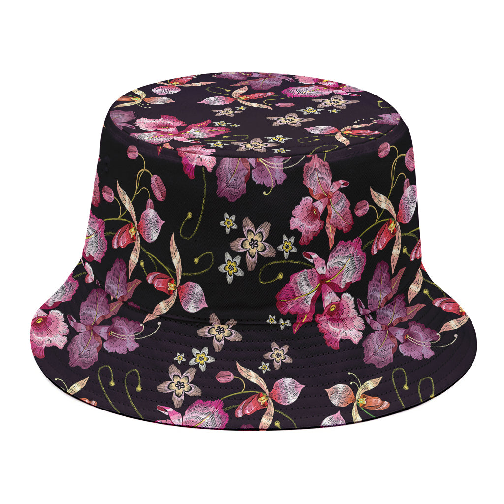 Embroidery Orchid Flower Pattern Print Bucket Hat