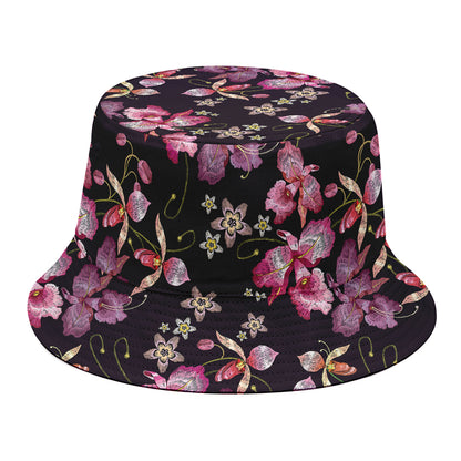 Embroidery Orchid Flower Pattern Print Bucket Hat