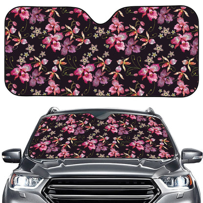 Embroidery Orchid Flower Pattern Print Car Windshield Sun Shade