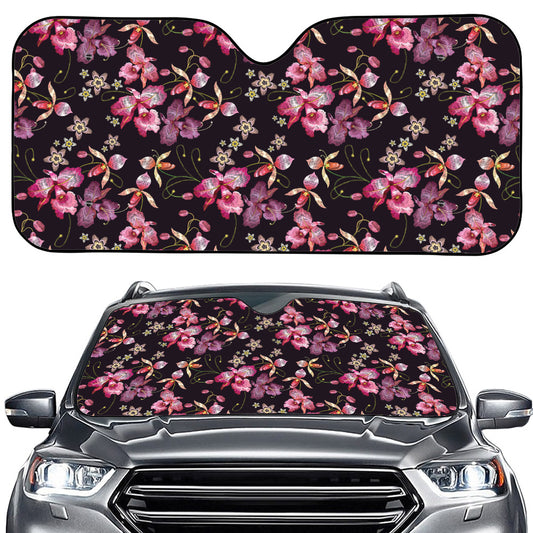 Embroidery Orchid Flower Pattern Print Car Windshield Sun Shade