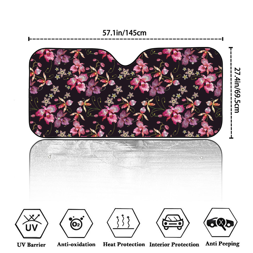 Embroidery Orchid Flower Pattern Print Car Windshield Sun Shade