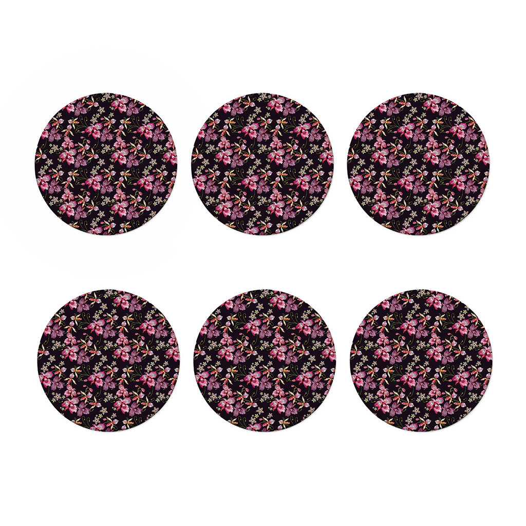 Embroidery Orchid Flower Pattern Print Coaster Set