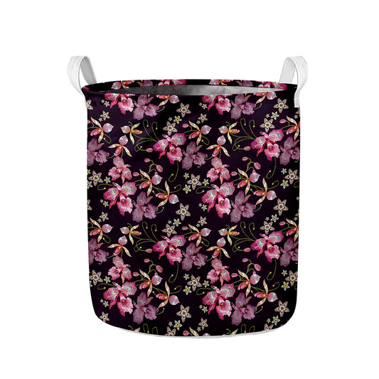Embroidery Orchid Flower Pattern Print Collapsible Laundry Basket
