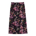 Embroidery Orchid Flower Pattern Print Cotton Front Slit Maxi Skirt