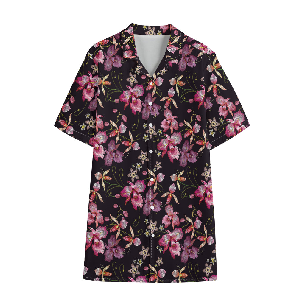 Embroidery Orchid Flower Pattern Print Cotton Hawaiian Shirt