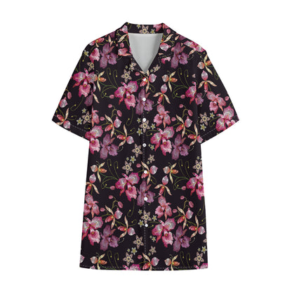 Embroidery Orchid Flower Pattern Print Cotton Hawaiian Shirt