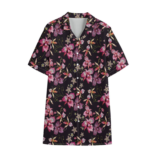 Embroidery Orchid Flower Pattern Print Cotton Hawaiian Shirt