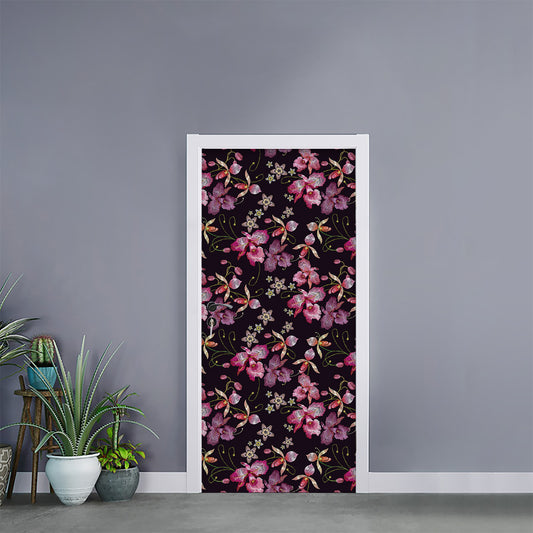 Embroidery Orchid Flower Pattern Print Door Sticker