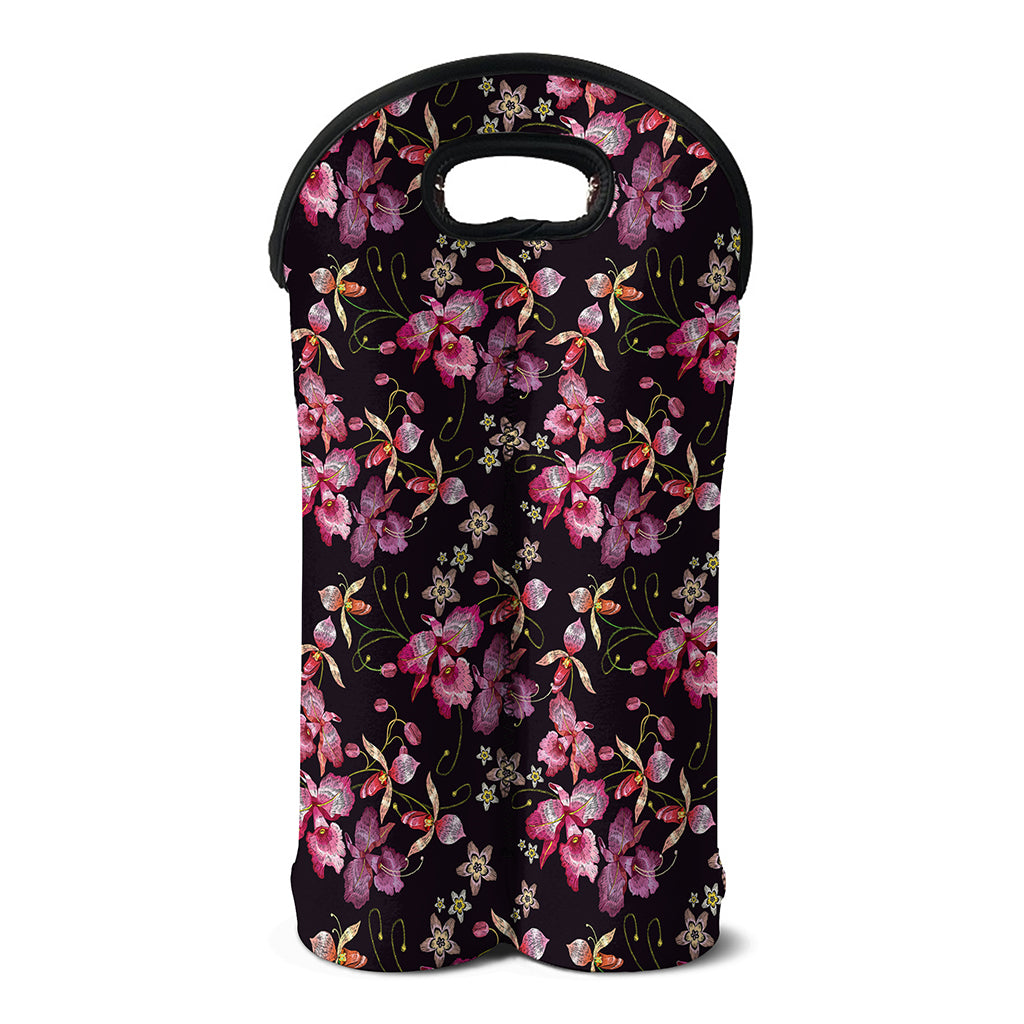 Embroidery Orchid Flower Pattern Print Double Neoprene Wine Tote
