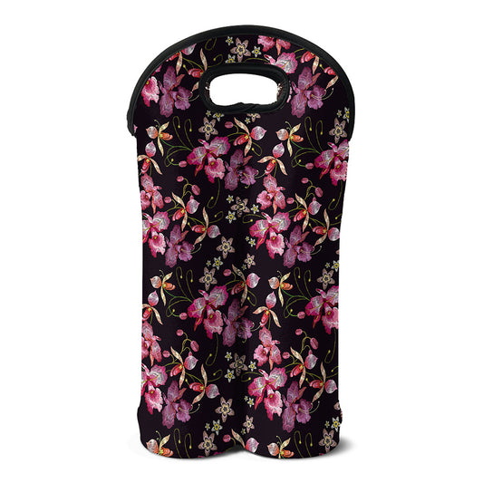 Embroidery Orchid Flower Pattern Print Double Neoprene Wine Tote