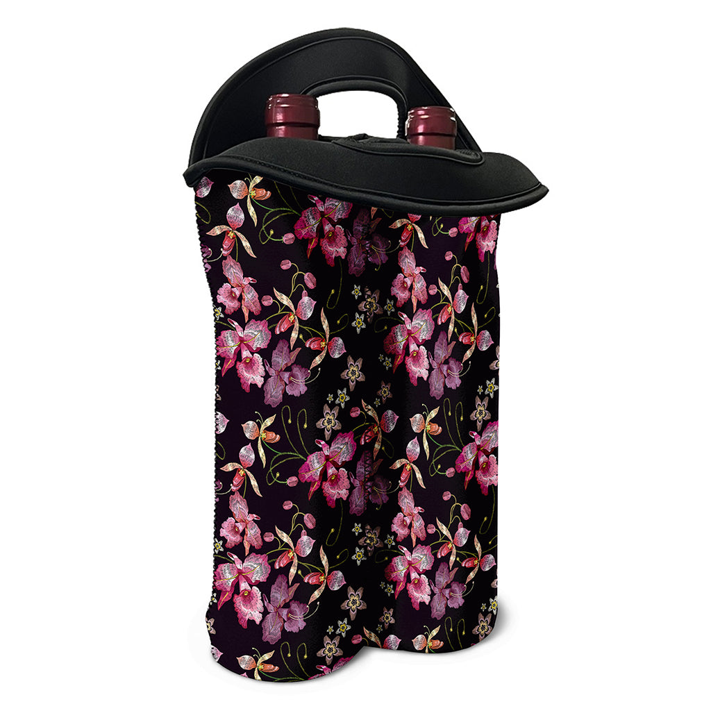 Embroidery Orchid Flower Pattern Print Double Neoprene Wine Tote