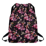 Embroidery Orchid Flower Pattern Print Drawstring Backpack
