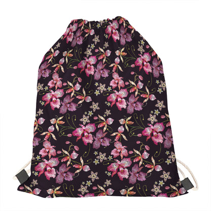 Embroidery Orchid Flower Pattern Print Drawstring Bag