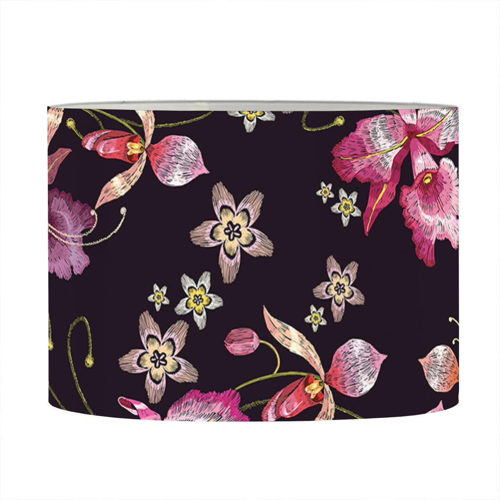 Embroidery Orchid Flower Pattern Print Drum Lamp Shade