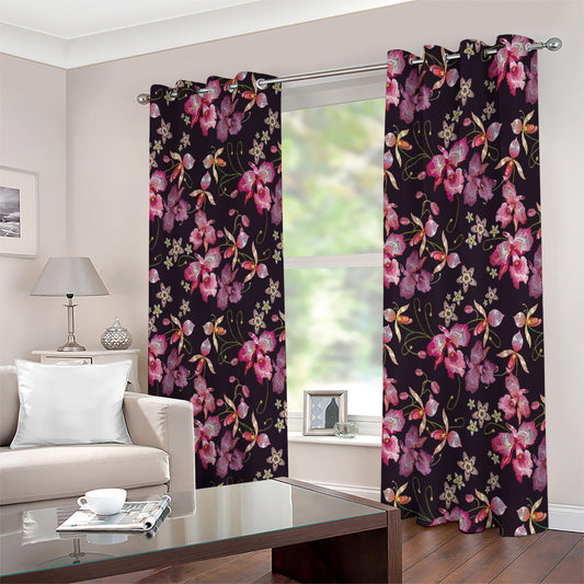 Embroidery Orchid Flower Pattern Print Extra Wide Grommet Curtains