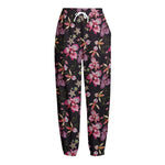 Embroidery Orchid Flower Pattern Print Fleece Lined Knit Pants