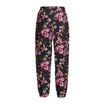 Embroidery Orchid Flower Pattern Print Fleece Lined Knit Pants