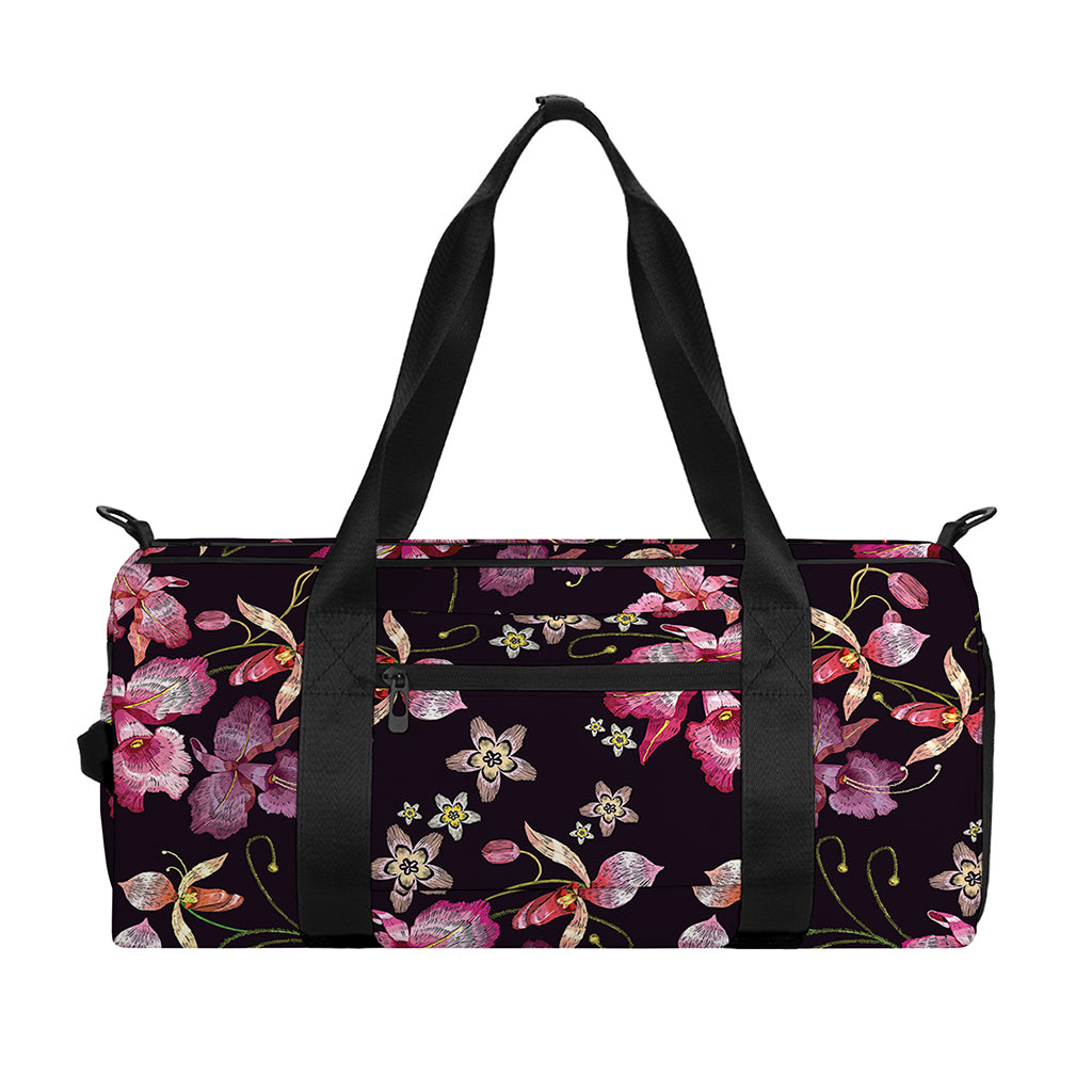 Embroidery Orchid Flower Pattern Print Gym Bag