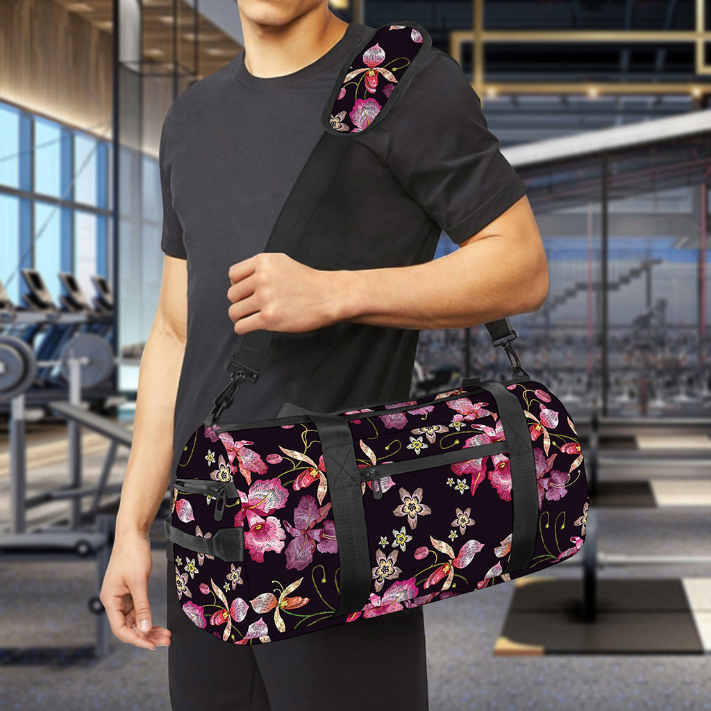 Embroidery Orchid Flower Pattern Print Gym Bag