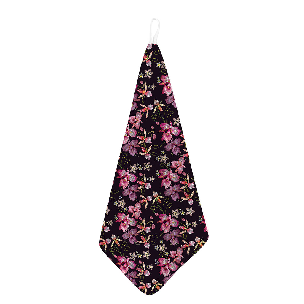 Embroidery Orchid Flower Pattern Print Hand Towel