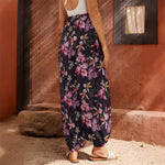 Embroidery Orchid Flower Pattern Print Harem Pants