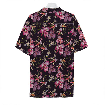 Embroidery Orchid Flower Pattern Print Hawaiian Shirt