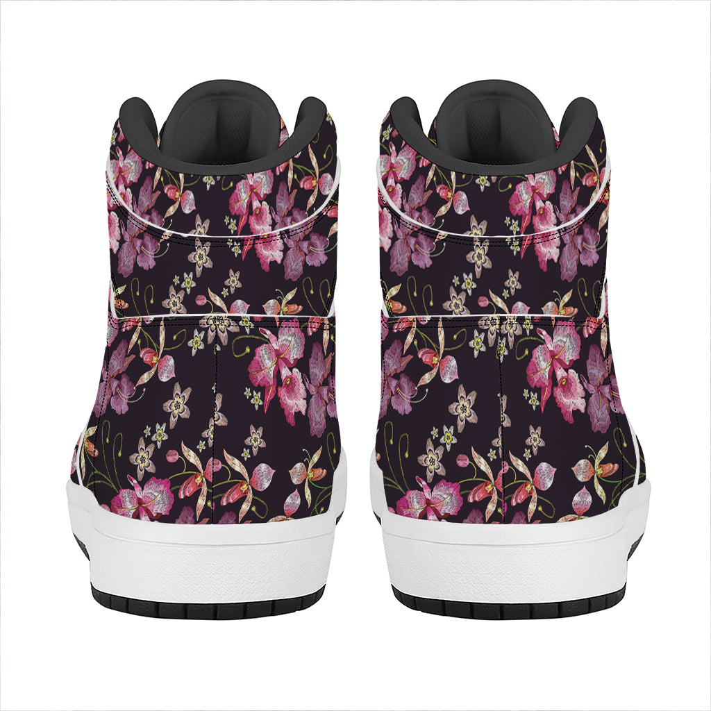 Embroidery Orchid Flower Pattern Print High Top Leather Sneakers