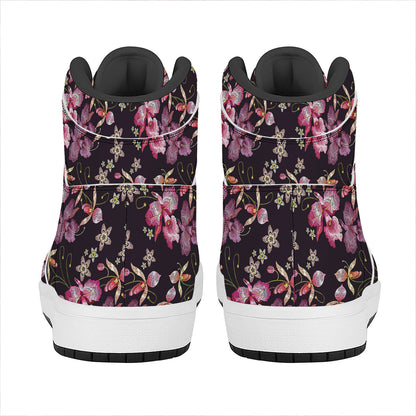 Embroidery Orchid Flower Pattern Print High Top Leather Sneakers