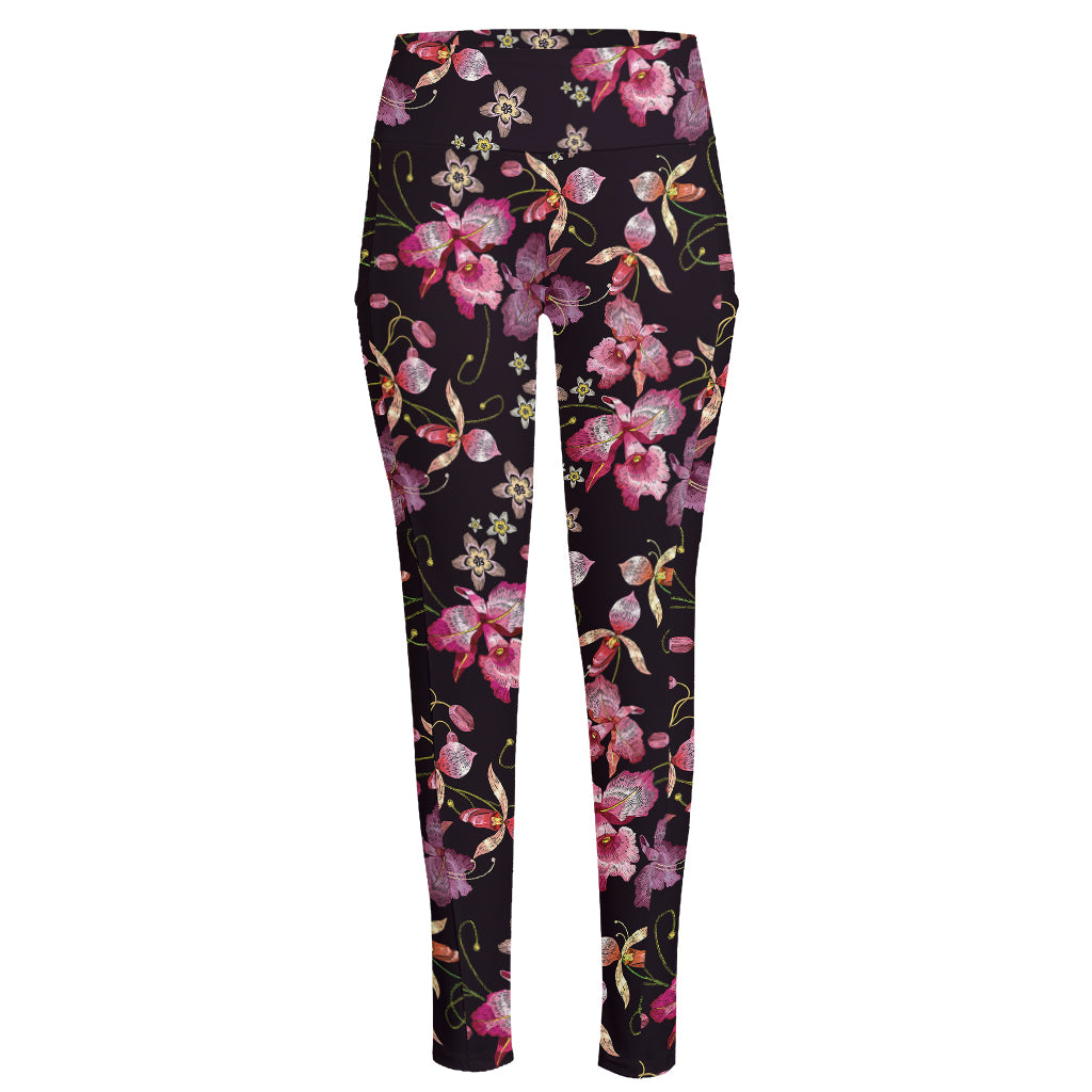 Embroidery Orchid Flower Pattern Print High-Waisted Pocket Leggings