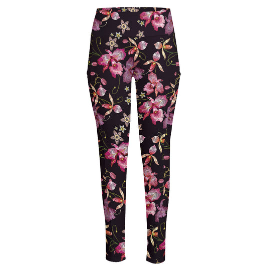 Embroidery Orchid Flower Pattern Print High-Waisted Pocket Leggings
