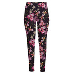Embroidery Orchid Flower Pattern Print High-Waisted Pocket Leggings