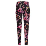 Embroidery Orchid Flower Pattern Print High-Waisted Pocket Leggings