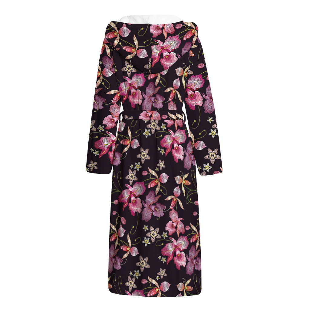 Embroidery Orchid Flower Pattern Print Hooded Bathrobe