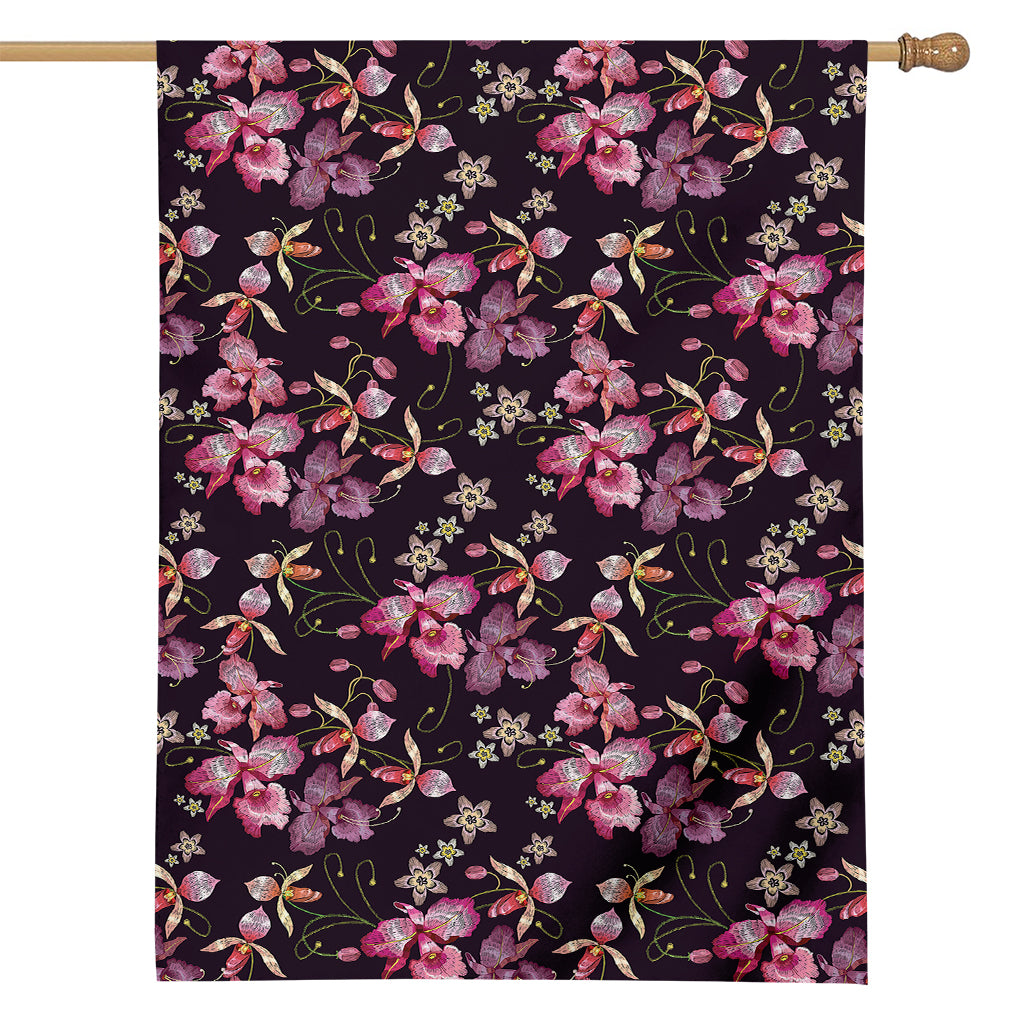 Embroidery Orchid Flower Pattern Print House Flag
