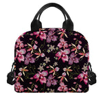 Embroidery Orchid Flower Pattern Print Insulated Lunch Bag