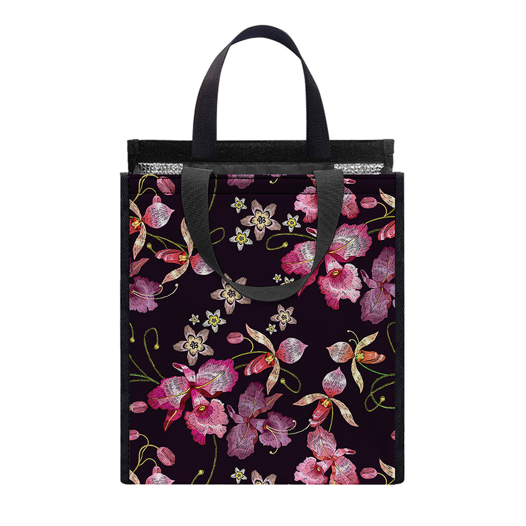 Embroidery Orchid Flower Pattern Print Insulated Lunch Tote