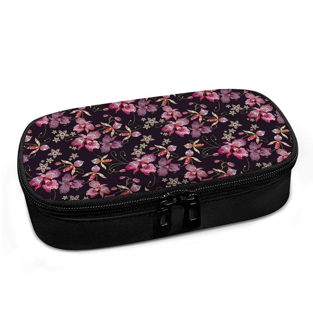 Embroidery Orchid Flower Pattern Print Insulin Cooler Travel Case