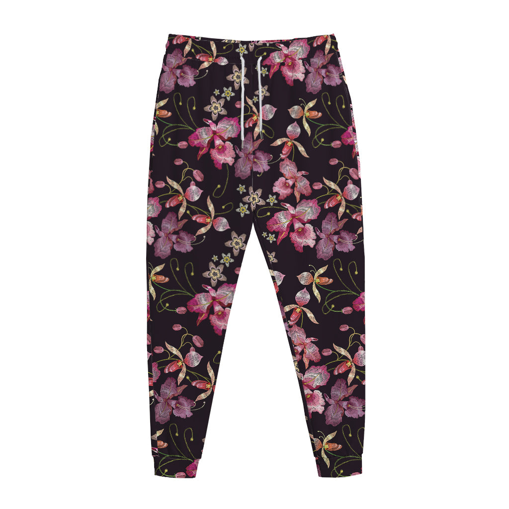 Embroidery Orchid Flower Pattern Print Jogger Pants