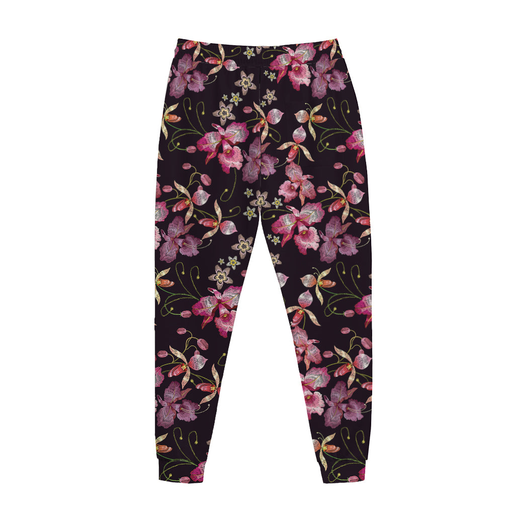 Embroidery Orchid Flower Pattern Print Jogger Pants