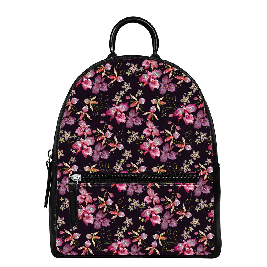 Embroidery Orchid Flower Pattern Print Leather Backpack