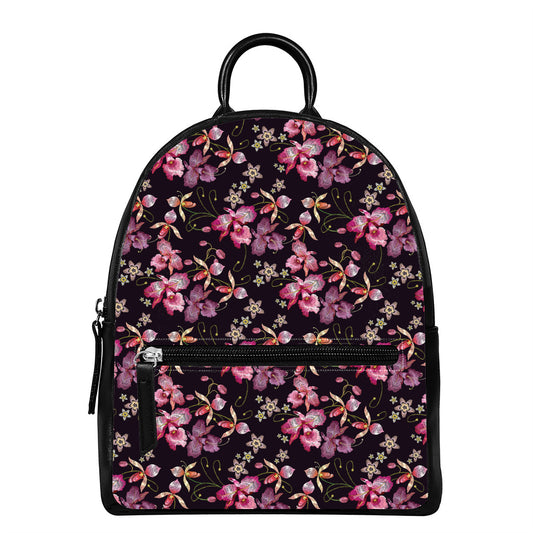 Embroidery Orchid Flower Pattern Print Leather Backpack