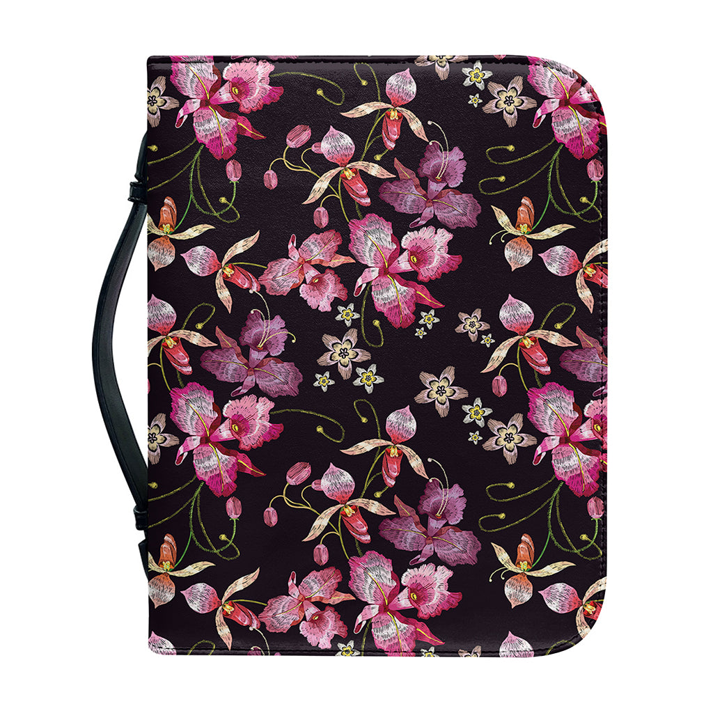 Embroidery Orchid Flower Pattern Print Leather Bible Cover