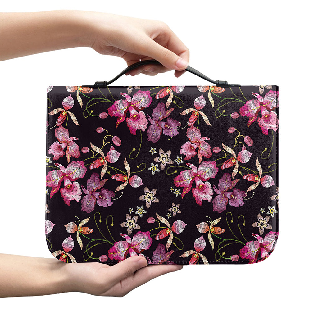 Embroidery Orchid Flower Pattern Print Leather Bible Cover