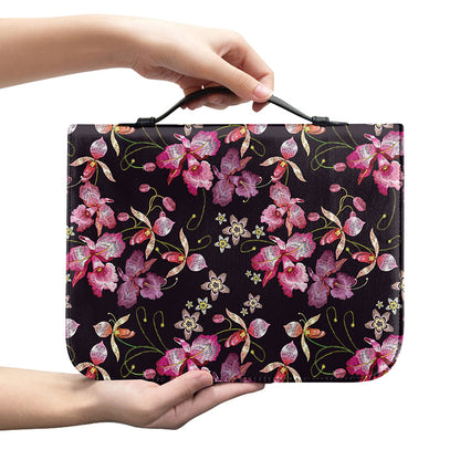 Embroidery Orchid Flower Pattern Print Leather Bible Cover